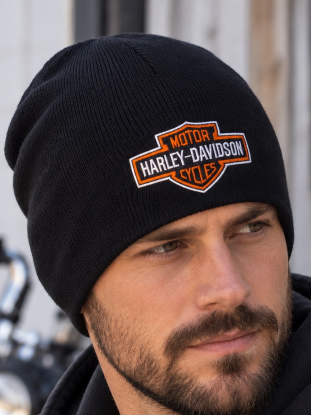Harley Davidson Beanie Hat Knit Black One Size Biker Unisex Large Logo